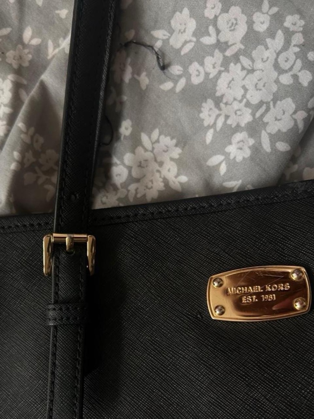 Michael Kors Black Saffiano Shoulder Bag with Gold Plaque